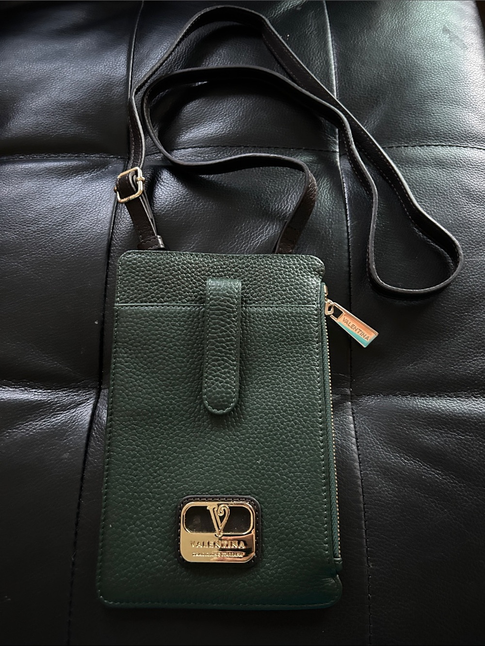Valentina Green Pebbled Leather Crossbody Phone Bag